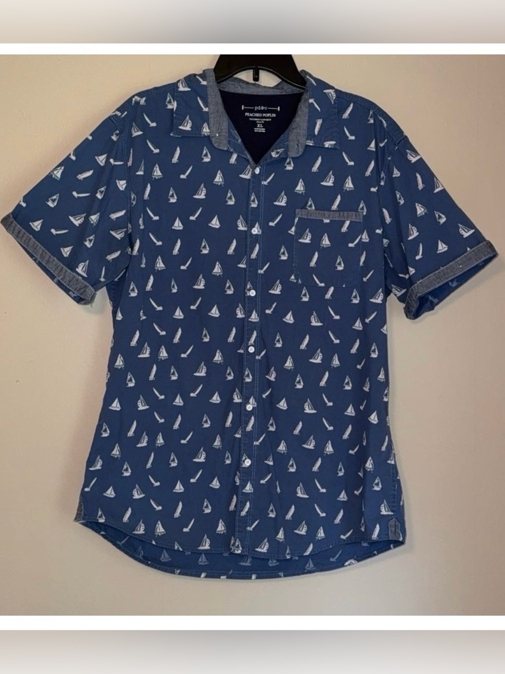 PD&C Men's XL Blue Peached Poplin Sailboat Print Short Sleeve Button Down Shirt